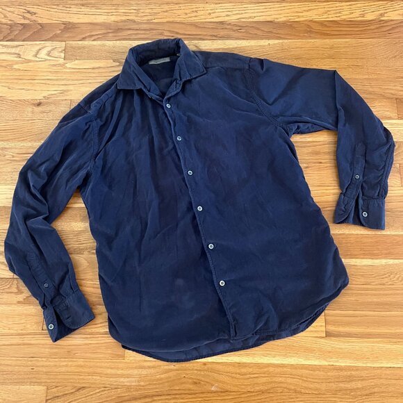 Corneliani Navy Blue Corduroy Button-Up Shirt - Men's 16/41 Medium - Picture 1 of 6